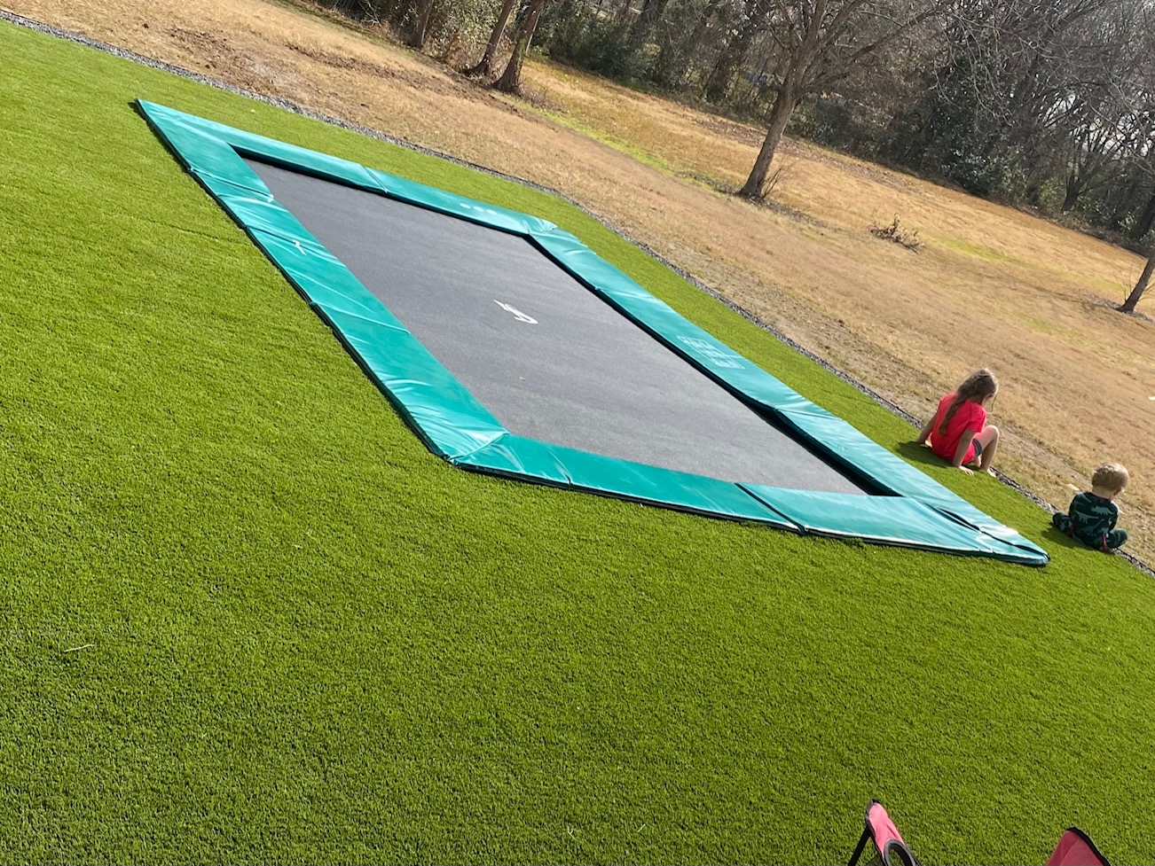 17ft x 10ft Akrobat Primus In-Ground Trampoline - Green (Green Pad with Black Jump Mat) *With Free Enclosure and Cover* 4 customer installed green inground trampoline