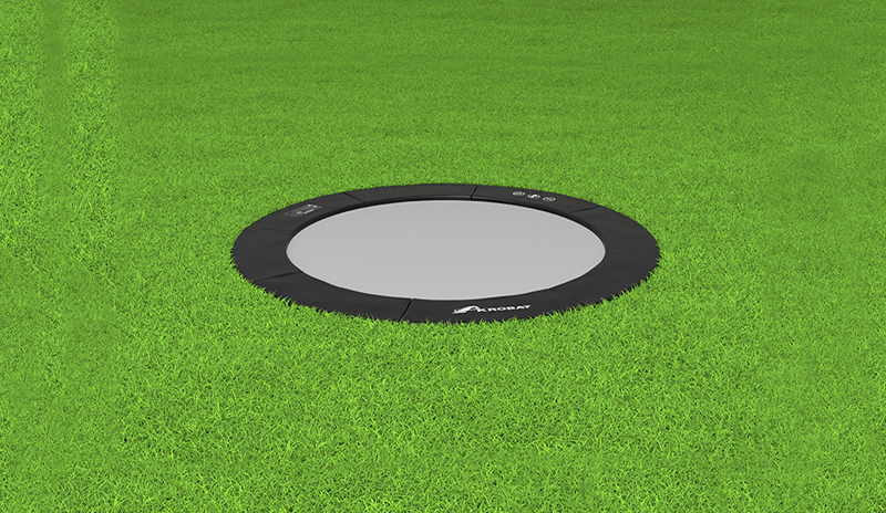 10ft Round Akrobat Primus Flat In-Ground Trampoline - Black Pad with Gray Jump Mat 1 akrobat black round inground trampoline on grass, Flat In-Ground Trampoline,