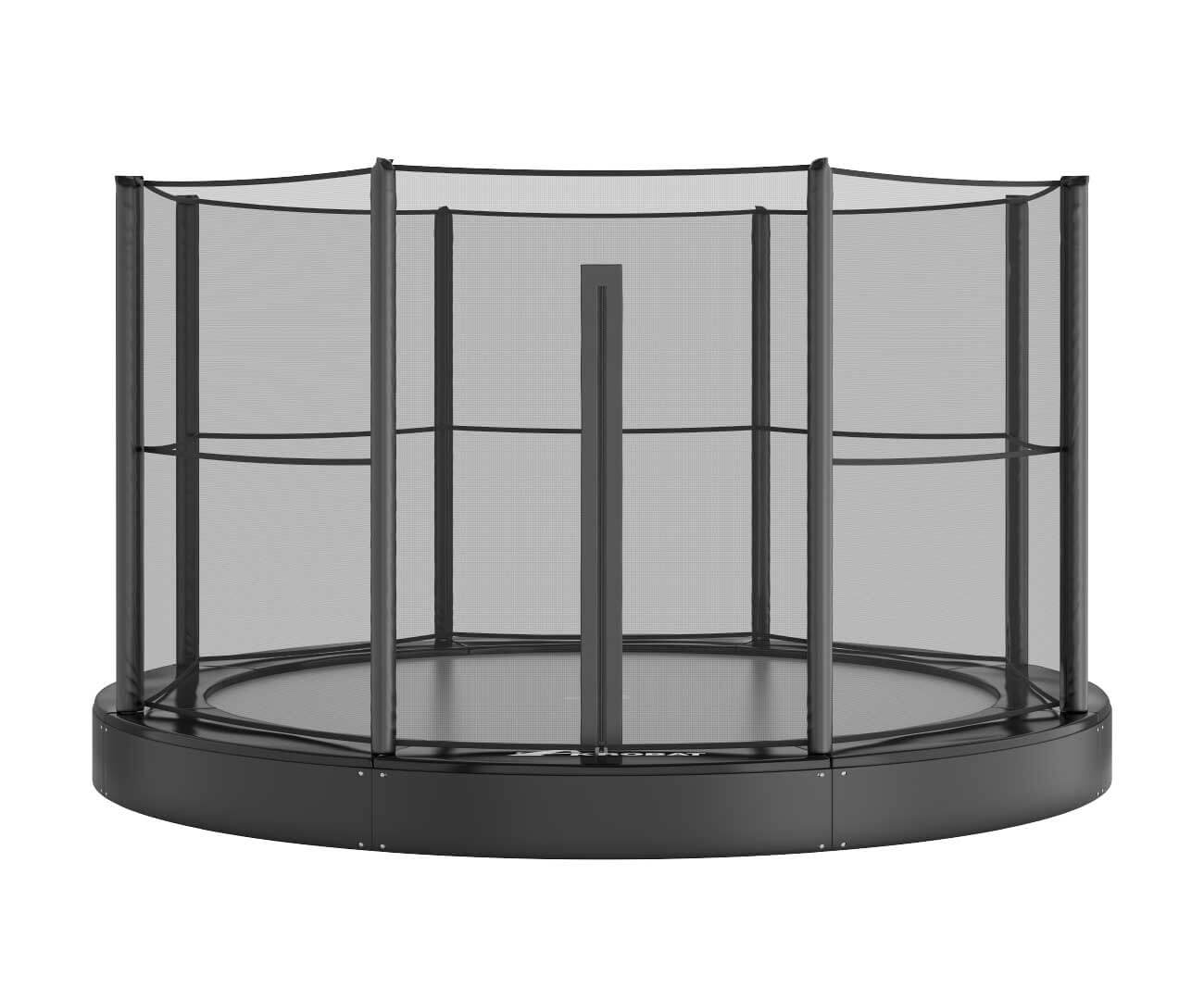 12ft Round Akrobat Primus Flat In-Ground Trampoline - Black (Black Pad with Grey Jump Mat) 5 12 foot round all black in-ground trampoline with enclosure