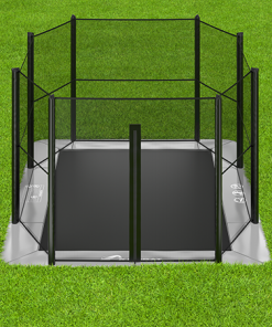 14ft x 10ft Akrobat Primus Flat In-Ground Trampoline - Anthracite Grey (Grey Pad and Black Jump Mat) 9 gray rectangular inground trampoline with enclosure