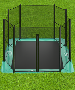green rectangular inground trampoline with enclosure