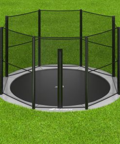12ft Round Akrobat Primus Flat In-Ground Trampoline - Anthracite Grey (Grey Pad and Black Jump Mat) 10 akrobat gray round inground trampoline on grass with enclosure