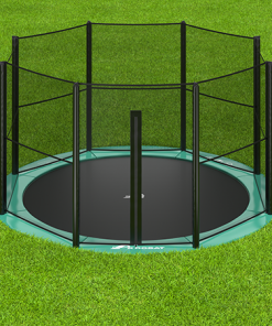 green round inground trampoline with enclosure