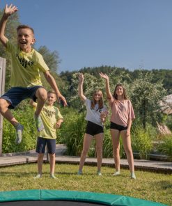A group of children joyfully jumping on a trampoline, showcasing their excitement and energy in a sunny outdoor setting.