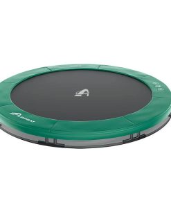 A vibrant green trampoline featuring a sleek black cover, positioned in a sunny backyard environment.