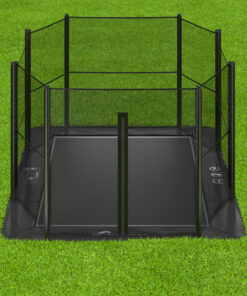 11 foot by 8 foot all black rectangular inground trampoline with enclosure