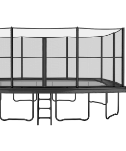 An image depicting the dimensions of a trampoline equipped with a safety net, showcasing its size and protective features.