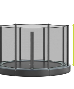 10ft Round Akrobat Primus Flat In-Ground Trampoline - Black Pad with Gray Jump Mat 13 A trampoline illustrated with precise measurements indicated, showcasing its dimensions for clarity.