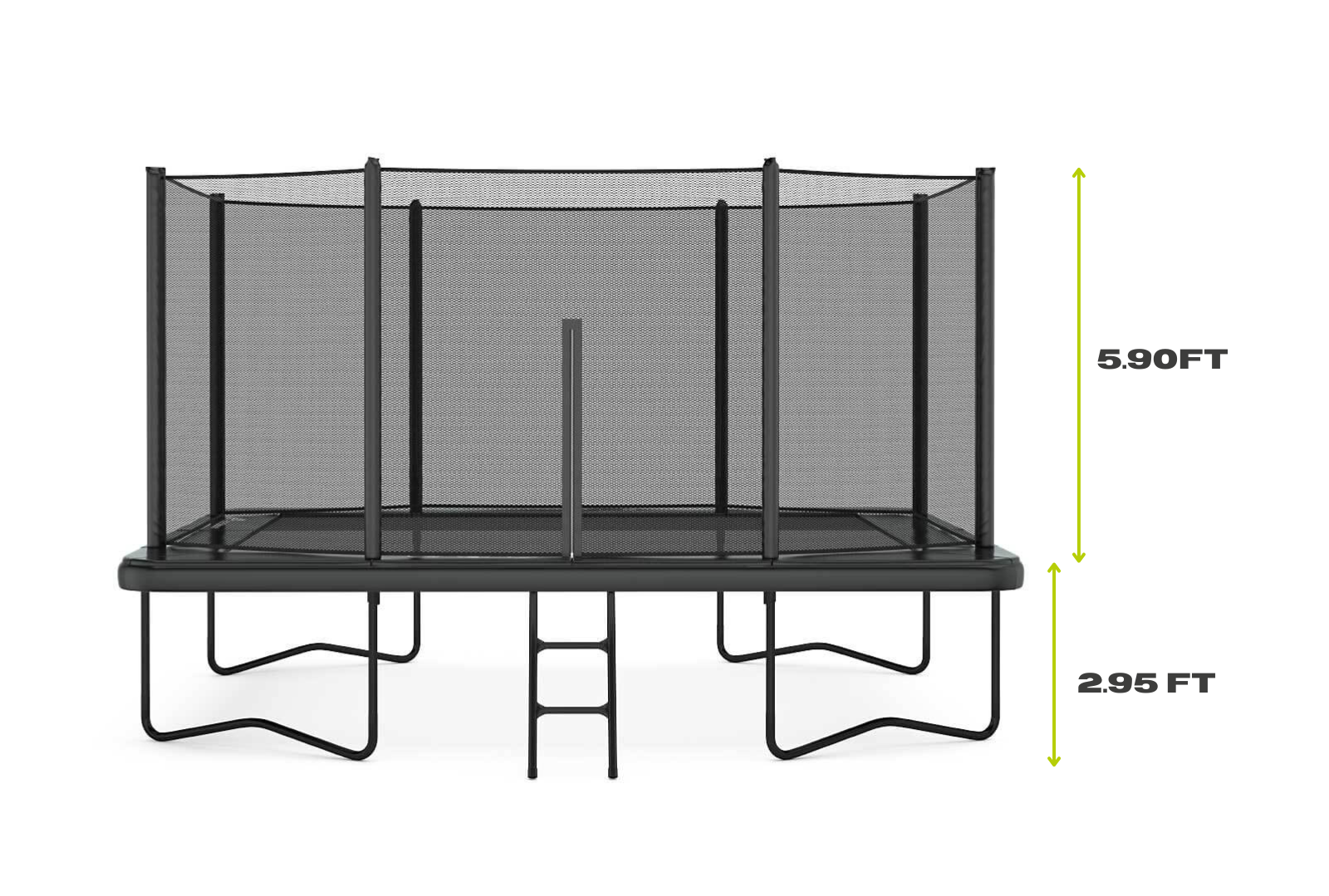 11ft x 8ft Primus Challenger Above Ground Trampoline - Gray Pad with Black Jump Mat 2 An illustration featuring a trampoline and a ladder, emphasizing the trampoline's dimensions and overall layout.