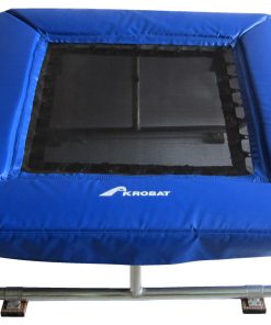 A blue trampoline featuring a black cover, positioned outdoors, highlighting its sturdy construction and playful appeal.