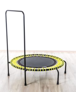 A trampoline featuring a sturdy black frame and a vibrant yellow seat, ready for fun and exercise.
