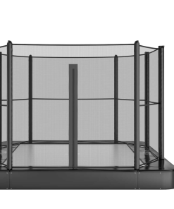 10ft x 6ft Akrobat Primus Flat In-Ground Trampoline - Black Pad with Gray Jump Mat 11 An image depicting a trampoline alongside a ladder, showcasing the trampoline's dimensions and structure.