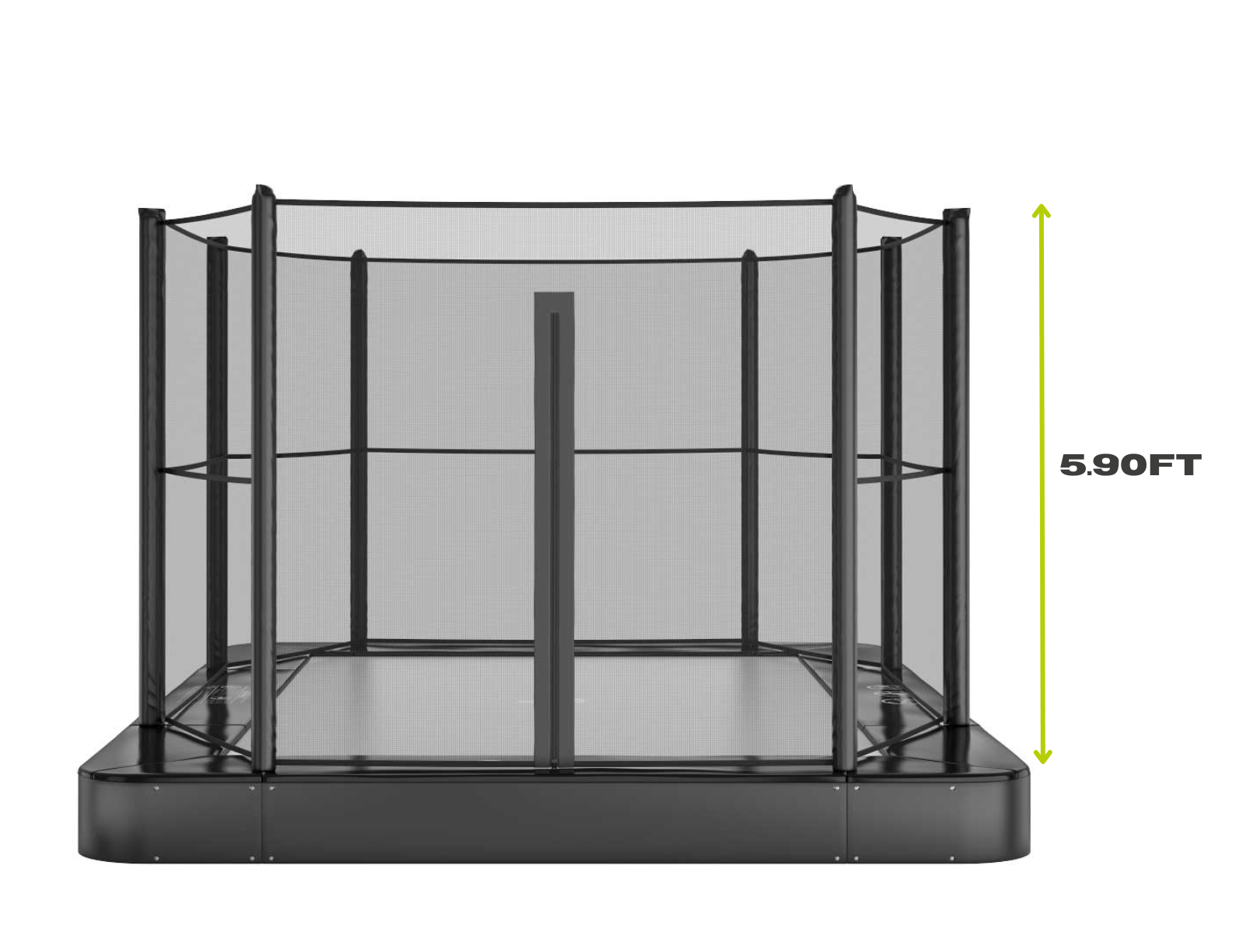 10ft x 6ft Akrobat Primus Flat In-Ground Trampoline - Black Pad with Gray Jump Mat 6 An image depicting a trampoline alongside a ladder, showcasing the trampoline's dimensions and structure.