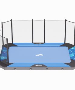 A trampoline featuring a blue cover and protective net, set against a clear background, ready for fun and exercise.