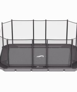 17ft x 12ft XCITYX In-Ground Trampoline Enclosure 5 A black cage positioned on a white backdrop, creating a striking visual contrast between the two colors.