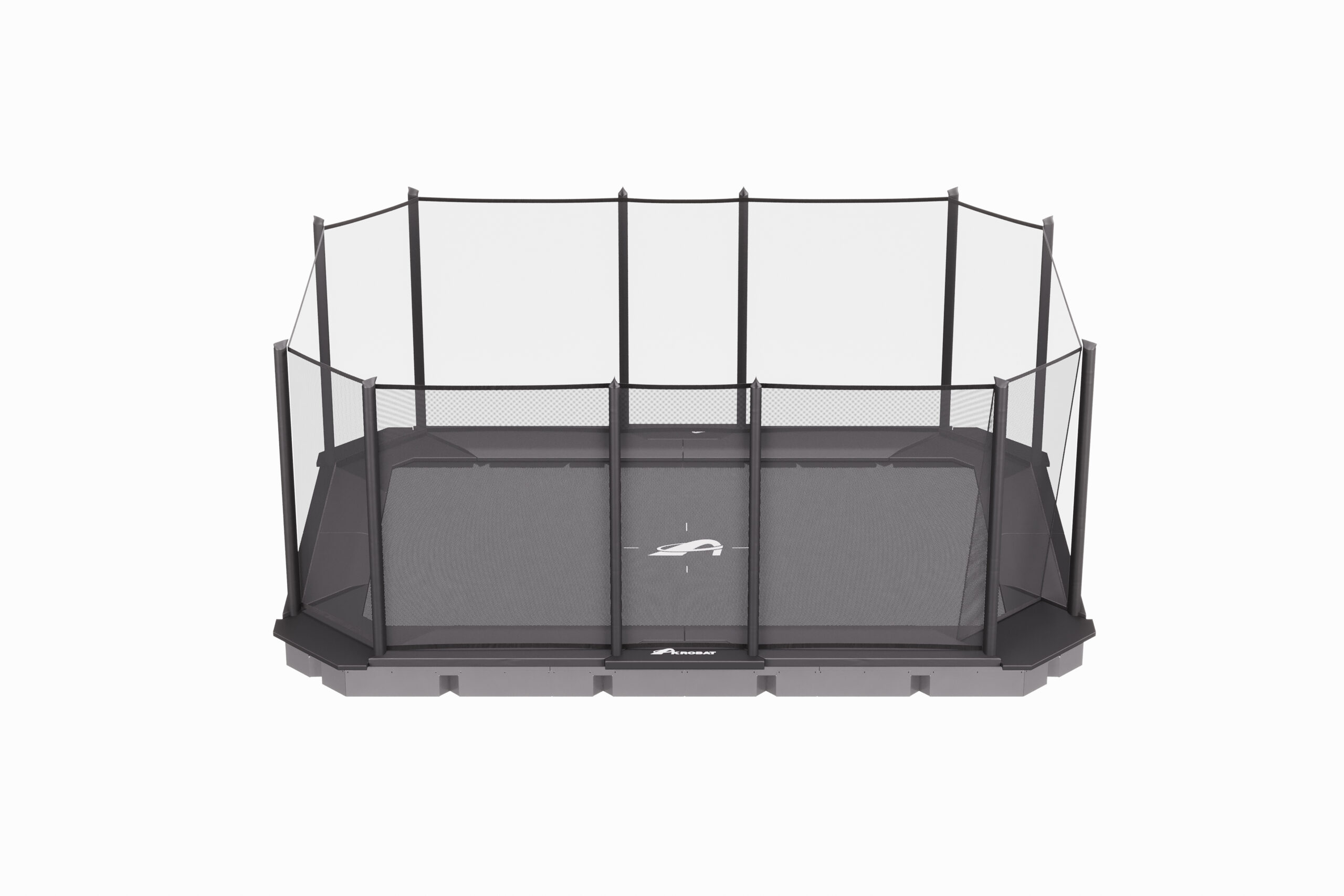 17ft x 12ft XCITYX In-Ground Trampoline Enclosure 3 A black cage positioned on a white backdrop, creating a striking visual contrast between the two colors.