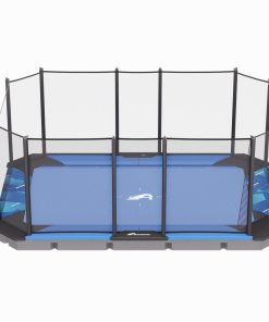 A trampoline featuring a blue cover and protective net, set against a clear background, ready for outdoor fun.