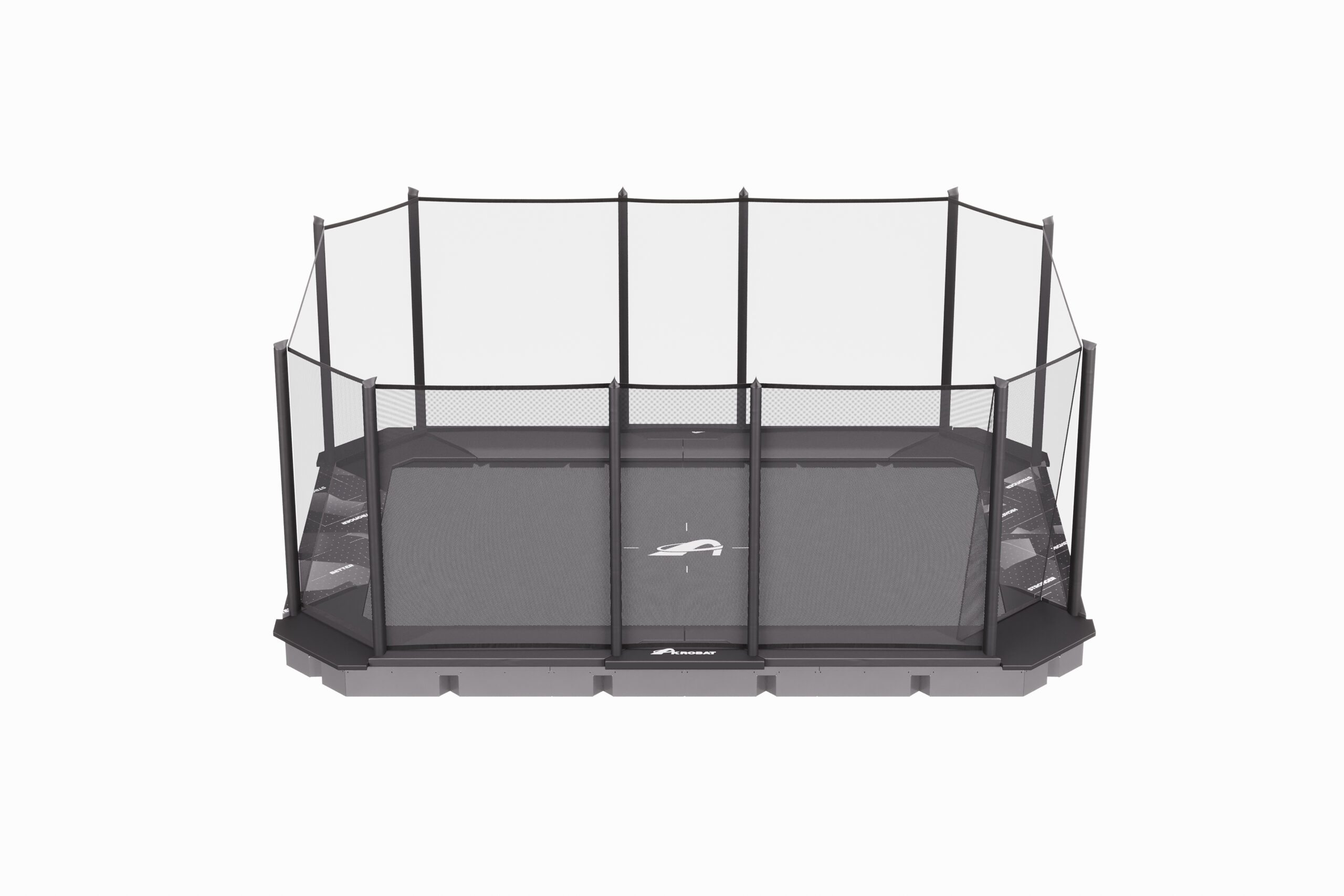 17ft x 12ft XCITYX In-Ground Trampoline Enclosure 2 A solitary black cage set on a white background, highlighting its contrast and design.