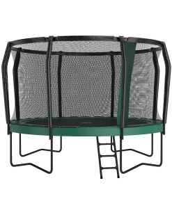A trampoline with a safety net and ladder, set against a clean white background, showcasing its design and features.
