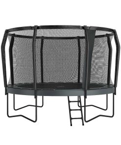 A trampoline with a safety net and a ladder positioned on top, designed for secure and enjoyable jumping experiences.