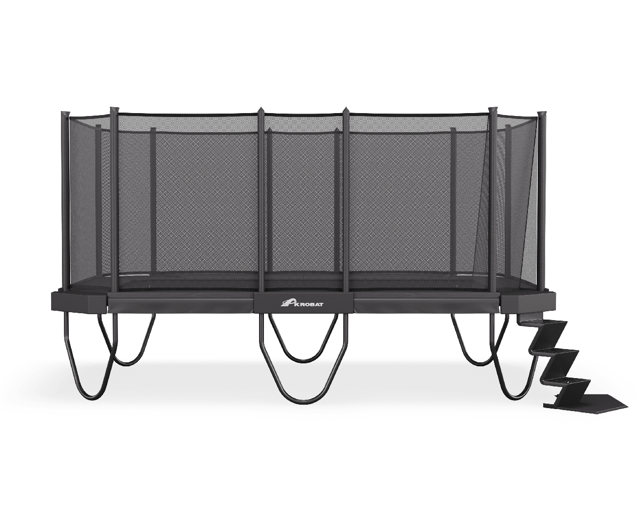 XCITYX 17ft x 12ft Akrobat Above Ground Trampoline - Gray Pad 2 A trampoline featuring a safety net above, ensuring secure and enjoyable bouncing experiences.