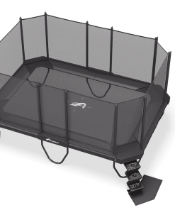 A trampoline equipped with a net on top, providing safety for users while they jump and play.