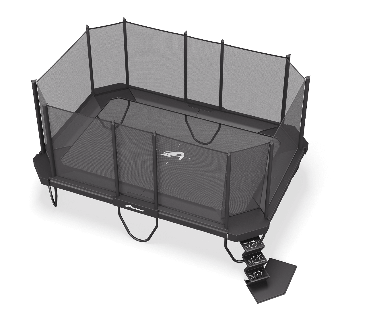XCITYX 17ft x 12ft Akrobat Above Ground Trampoline - Gray Pad 1 A trampoline equipped with a net on top, providing safety for users while they jump and play.