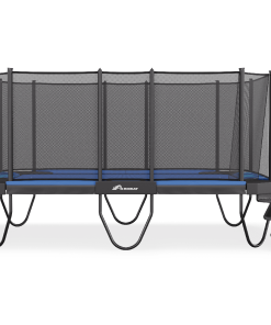 A trampoline featuring a blue net and steps, set against a clear background, inviting for outdoor fun and exercise.