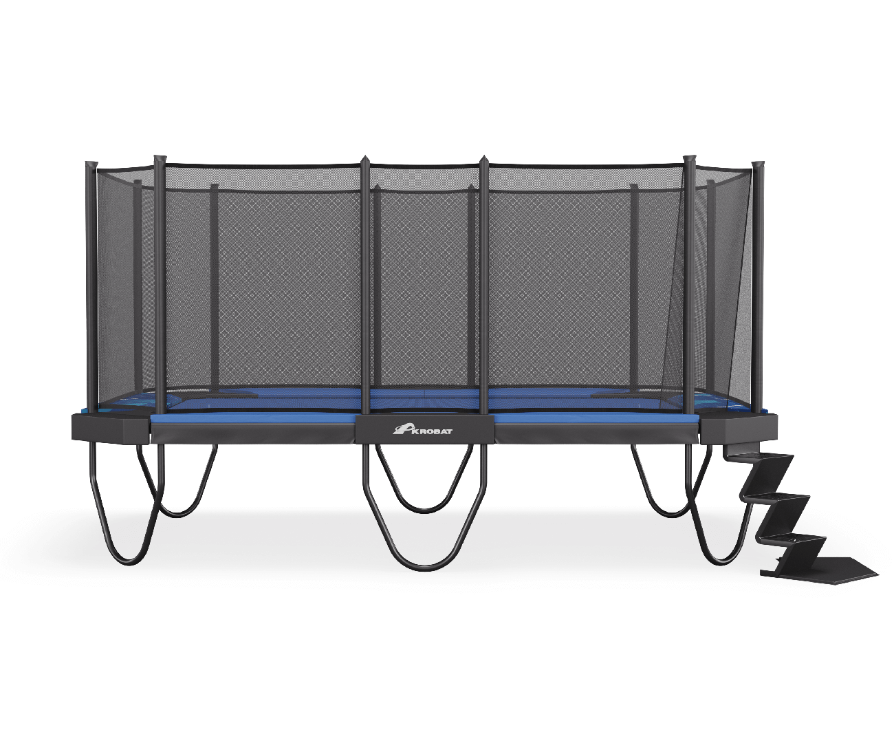 XCITYX 17ft x 12ft Akrobat Above Ground Trampoline - Printed Blue Pad and Blue Jump Mat 2 A trampoline featuring a blue net and steps, set against a clear background, inviting for outdoor fun and exercise.
