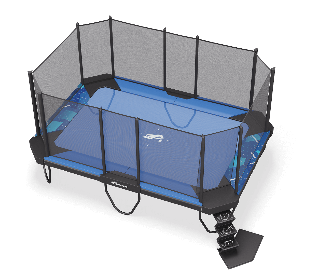 XCITYX 17ft x 12ft Akrobat Above Ground Trampoline - Printed Blue Pad and Blue Jump Mat 1 A blue trampoline with a protective net overhead, set against a clear sky, inviting for safe jumping and play.
