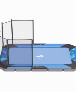 A blue trampoline with a protective net overhead, set against a clear sky, inviting for safe jumping and play.