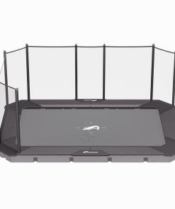 A trampoline featuring a protective net overhead, designed for safe jumping and play.