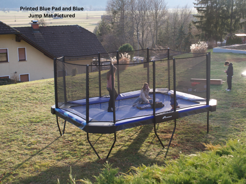 Above-Ground Trampoline Landscaping Ideas 2 Printed Blue and Blue Jump Mat Pictured1