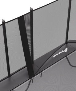 17ft x 10ft Primus PLUS Challenger Above Ground Trampoline - Black Pad with Black Jump Mat - Special Edition 5 A trampoline with a safety net securely attached, ready for safe jumping and play.