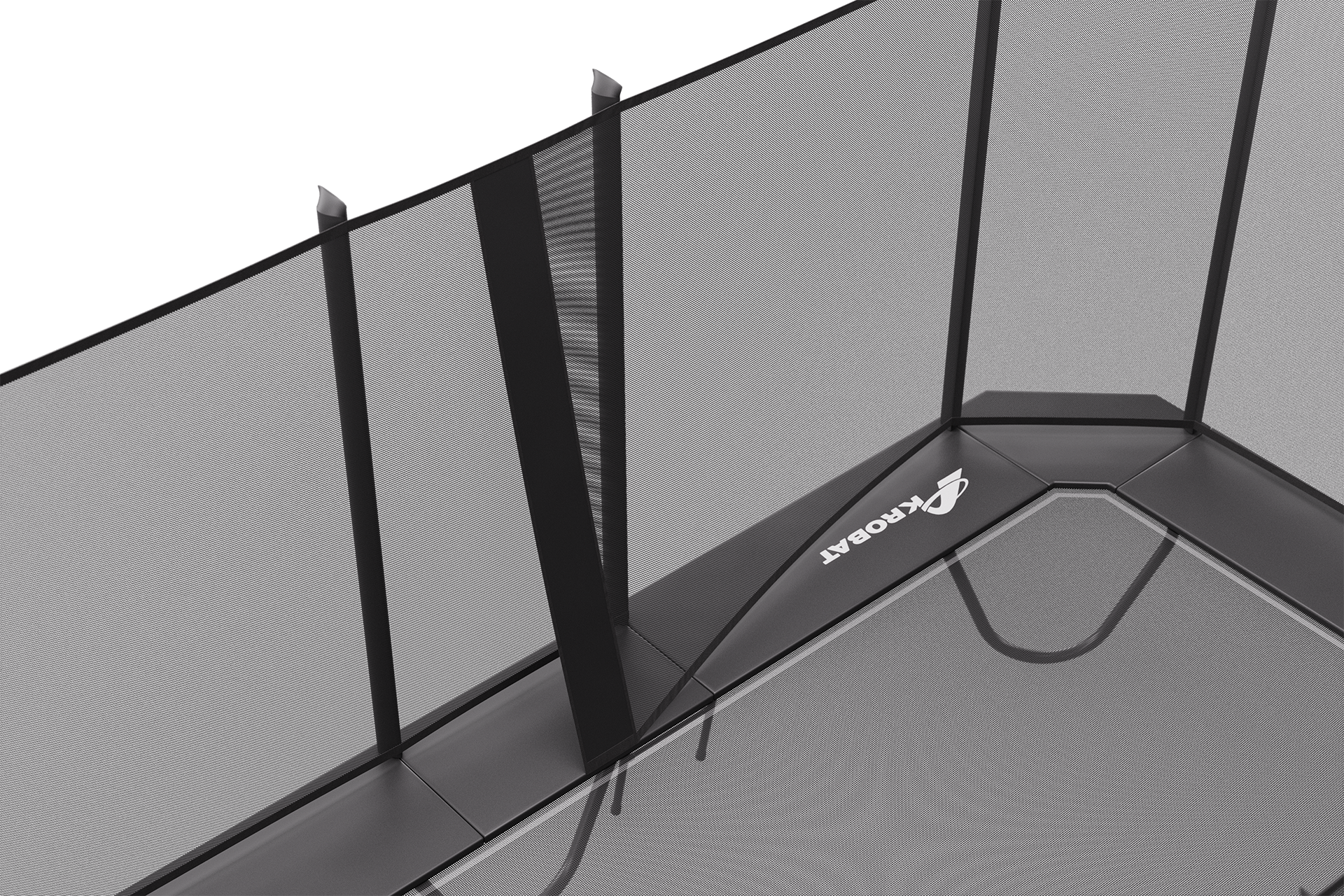 17ft x 10ft Primus PLUS Challenger Above Ground Trampoline - Black Pad with Black Jump Mat - Special Edition 3 A trampoline with a safety net securely attached, ready for safe jumping and play.