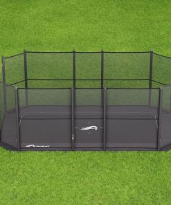 17ft x 10ft Akrobat Primus Flat PLUS In-Ground Trampoline - Special Edition (Black Pad with Black Mat) 3 A compact black cage placed on lush green grass, highlighting a tranquil and natural environment.