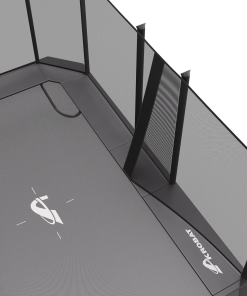 A black trampoline featuring a prominent white logo, showcasing its sleek design and modern aesthetic.