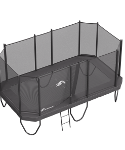 A black trampoline is prominently displayed against a neutral background, showcasing its sleek design and sturdy frame.