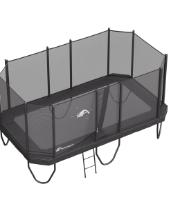 The image features a black trampoline, highlighting its modern appearance and robust construction in a clear setting.